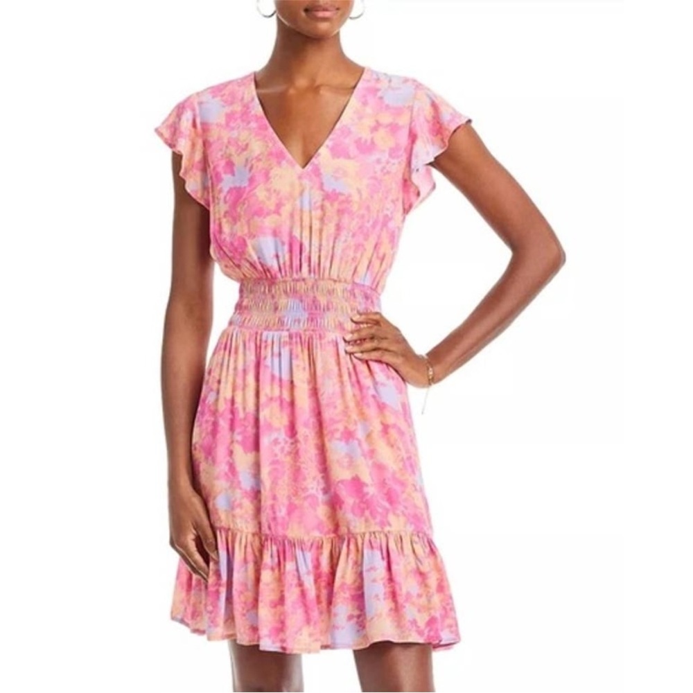 NWOT Rails Tara Floral Print Mini Dress in Passion Flower Pink Tiered Smocked